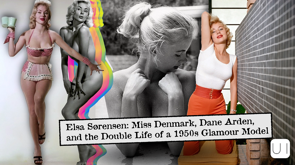 Collage of 1950s blonde glamour model in pinup poses, black-and-white and color, with title text about Elsa Sørensen and Miss Denmark.