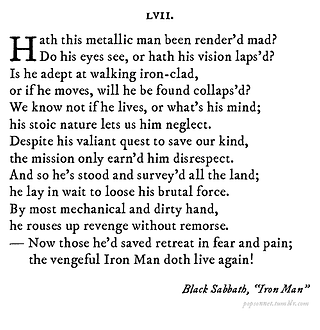 Poem LVIII about Iron Man, quoting Black Sabbath's 'Iron Man' song.