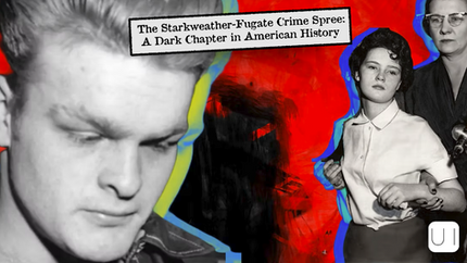 Newspaper-style collage with somber people on a red, black, and blue background. Text reads "The Starkweather-Fugate Crime Spree." Mood: dark.