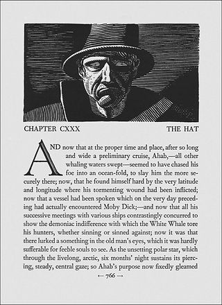 Distressed man woodcut, "CHAPTER CXXX", "THE HAT" on a book page.
