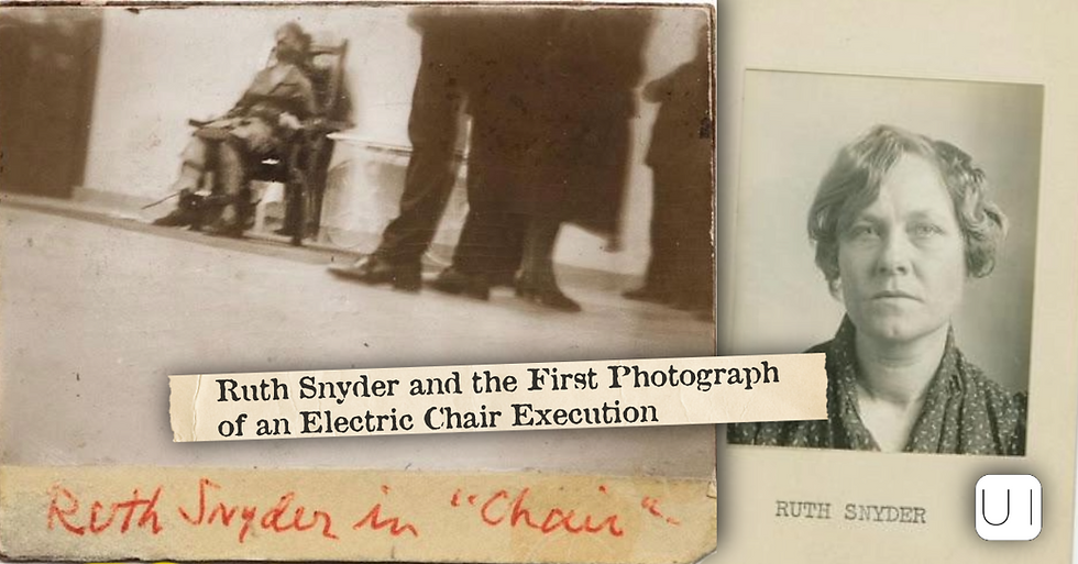 Collage with vintage photo of people around an electric chair and a portrait of Ruth Snyder, captioned Ruth Snyder and the First Photograph of an Electric Chair Execution