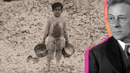 A young girl in a field holds a basket, wearing a bonnet, looking serious. A man’s face is overlaid on the right with pink highlights