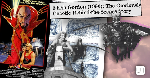 Flash Gordon (1980) collage with movie poster, behind-the-scenes sketches, and characters in red and black sci-fi imagery.