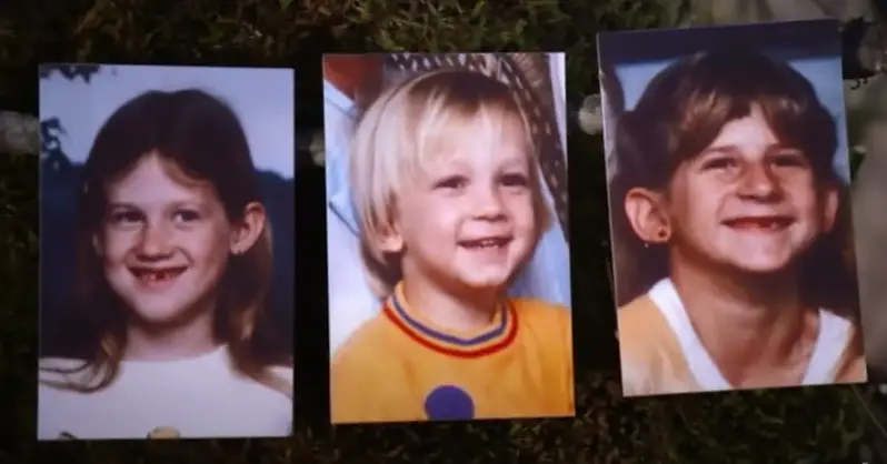 Three childhood photos on a grassy background. The left and right photos show kids smiling with missing teeth; center shows a smiling child in a yellow shirt.