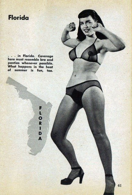 Vintage 1953 photograph of Bettie Page modelling stages of a striptease routine for a Carnival magazine legal guide