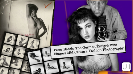 Photographer with camera poses with model; contact sheets and nude photos in background. Text: "Peter Basch: The German Émigré..."