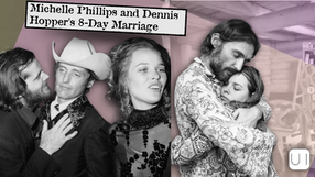 Collage of three photos; a man in a cowboy hat, a woman in a patterned dress, and a couple hugging. Text: "Michelle Phillips and Dennis Hopper's 8-Day Marriage."
