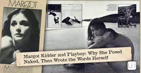 Collage of Margot Kidder magazine clippings and nude beach photos with headline about posing naked and writing herself.
