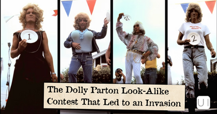 Four Dolly Parton look-alike contestants hold numbered plates at an outdoor contest; text says The Dolly Parton Look-Alike Contest