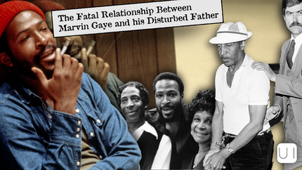 A collage shows a man in a red beanie smiling, three people posing together, and an older man held by police. Text: "The Fatal Relationship Between Marvin Gaye and his Disturbed Father."