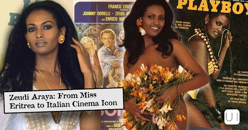 Collage of Zeudi Araya on magazine covers; text says Zeudi Araya: From Miss Eritrea to Italian Cinema Icon and Playboy.