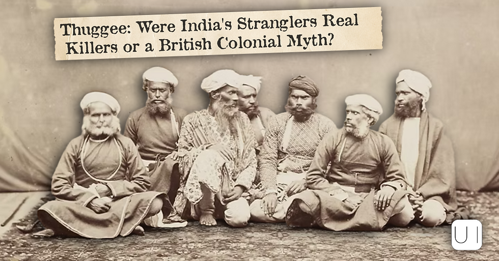 "Peshawur: Group of Thugs", c. 1865, by Samuel Bourne of Bourne & Shepherd. Seven men posed on a carpet in Peshawar, now in Pakistan, labelled as "thugs" by a colonial camera.