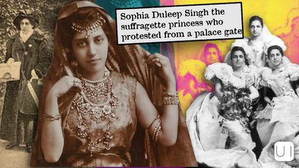 Collage of Sophia Duleep Singh, a suffragette in traditional attire, jewelry, black-and-white photos; text highlights her activism.