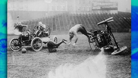 Vintage image of people in early motor cars, one flipping over, another with a mallet. Action scene on a grassy field, chaotic mood.