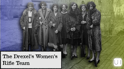 Seven women in coats with rifles stand in a garden, serious expressions. Text reads "The Drexel’s Women’s Rifle Team." Background split in blue and green.