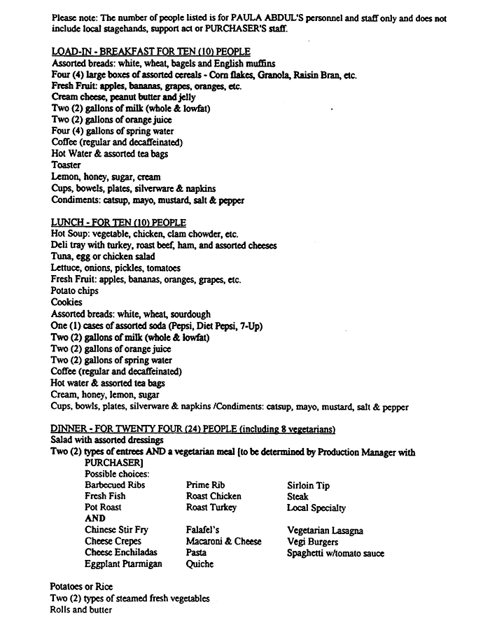 Various tour riders for musicians