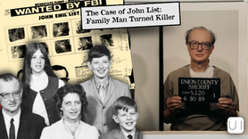 Collage of John List's family photo, FBI wanted notice, and mugshot holding Union County Sheriff board. Text: "The Case of John List."
