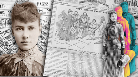 Collage featuring journalist Nellie Bly with Victorian portraits, a vintage newspaper announcing her travel record, a calendar-style route map, and colourful pop-art cutouts of Bly in her travel coat, symbolising her 1889 round-the-world trip.