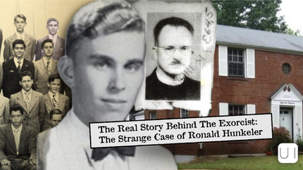 Collage of a vintage group photo, a man with a bow tie, an ID photo, and a brick house with white shutters and trees in the background.
