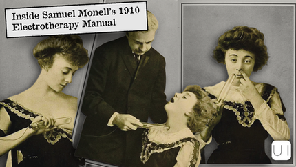 Vintage images of women using electrotherapy devices, guided by a man. Text reads "Inside Samuel Monell's 1910 Electrotherapy Manual."