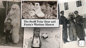 Collage with people posing with a fluffy polar bear mascot. Text reads "The Steiff Polar Bear and Fanta's Wartime Mascot." Vintage feel.