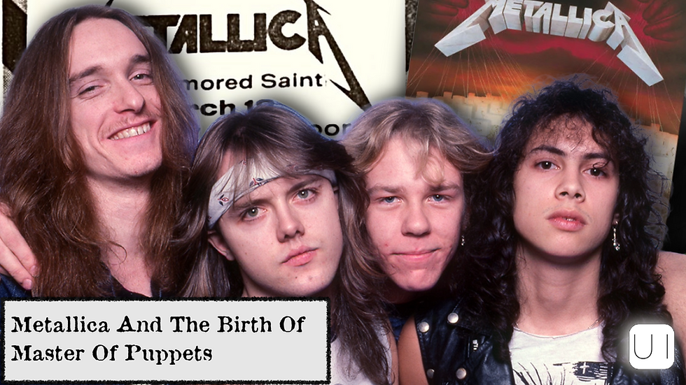Four young men pose closely, smiling. Background shows "Metallica" text. Caption reads: "Metallica And The Birth Of Master Of Puppets."