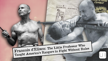 Shirtless man with a knife against a vintage combat backdrop. Text: "Francois d'Eliscu: The Little Professor Who Taught America's Rangers."