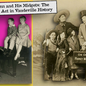 Vintage split image of Hans Kasemann and his midgets vaudeville performers with a pink and yellow gradient. Left: people on piano. Right: group in costumes with a honeymoon sign.