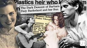 Collage with vintage photos of two people and a baby, a man with a guitar, and newspaper clippings. Text: "The Dark Descent of Barbara Daly Baekeland and her Son."