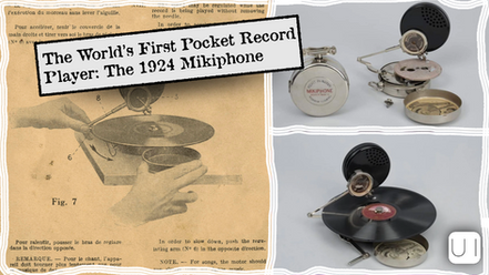 1924 Mikiphone ad with text: "The World's First Pocket Record Player." Images show a compact, silver record player disassembled and in use.