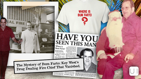 Collage of Bum Farto includes a man in red, a fire truck photo, shirt with “Where is Bum Farto?”, and newspaper headline “Have You Seen This Man?”