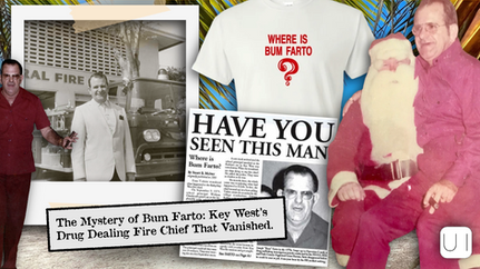 Collage of Bum Farto includes a man in red, a fire truck photo, shirt with “Where is Bum Farto?”, and newspaper headline “Have You Seen This Man?”