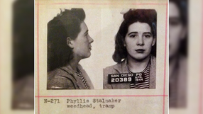 Mugshot of a woman with a neutral expression, striped shirt, in San Diego, April 1944. Text below includes a name and descriptors.