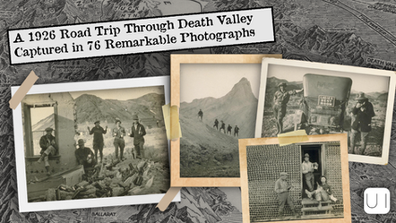 Vintage photos of 1926 Death Valley road trip. People pose near ruins, desert, and an old car marked "LADIES REST ROOM." Text overlay.