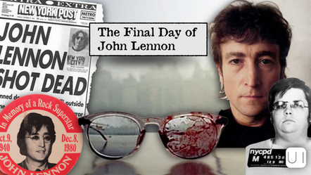 Newspaper: "JOHN LENNON SHOT DEAD" headline. Bloodstained glasses, somber face portrait. Memorial badge with dates. Emotional mood.