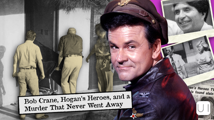Man in uniform, vintage photos, and two men carrying a stretcher. Text: Bob Crane, Hogan’s Heroes, and a Murder That Never Went Away.