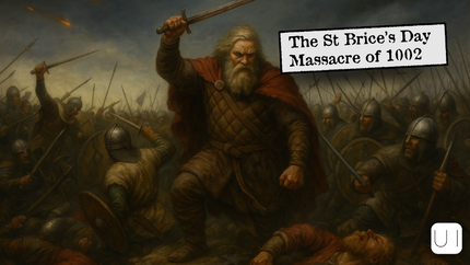Battle scene depicting warriors with swords, shields, and helmets in action. A central figure lifts a sword; text reads "The St Brice's Day Massacre of 1002." Fierce mood.