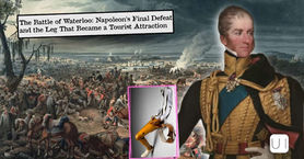 Collage of Waterloo battlefield, Henry Paget portrait, and his prosthetic leg inset; title text about Napoleon's final defeat.