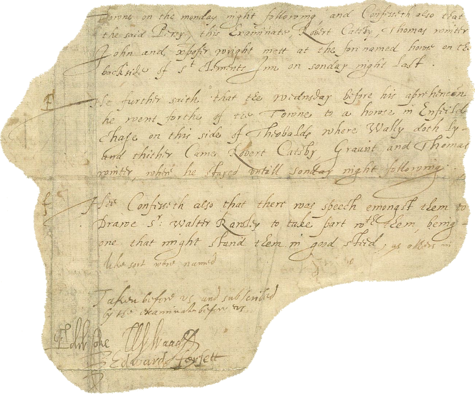 Part of a confession by Guy Fawkes. His weak signature, made soon after his torture, is faintly visible under the word "good" (lower right).