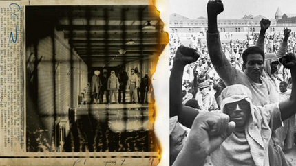 Prisoners in dark hallways and crowded yard, fists raised. Sepia tones and monochrome add intensity. Emotion: defiance and unity.