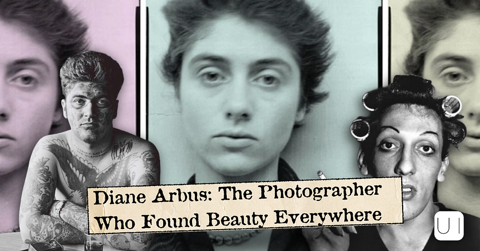 Collage of stark black-and-white portraits, including tattooed man and woman in hair rollers, with title Diane Arbus: The Photographer Who Found Beauty Everywhere