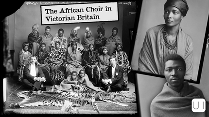 Victorian-era African choir portrait; people in traditional attire with animal prints in a studio. Text: "The African Choir in Victorian Britain."