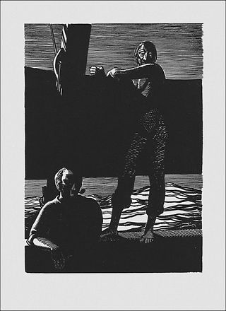 Two stark figures, one seated, one standing, in dark woodcut art.