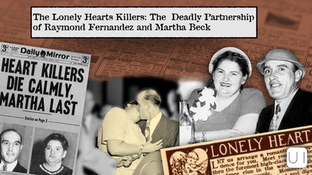 Vintage newspaper clippings feature a couple, a headline reads "Heart Killers Die Calmly, Martha Last," and an ad includes "Lonely Hearts." Mood is somber.