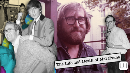 Collage of men in various settings, black-and-white and color. Text reads "The Life and Death of Mal Evans." Vintage feel.