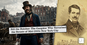 Bill the Butcher poster in a gritty old New York street, with portrait and text about the gangster who terrorized mid-1800s NYC
