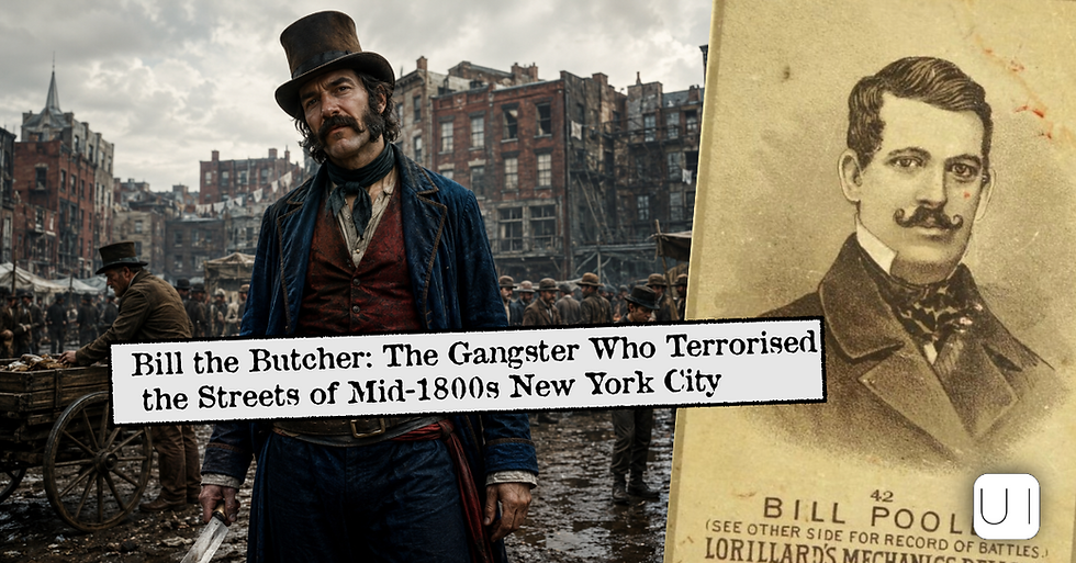 Bill the Butcher poster in a gritty old New York street, with portrait and text about the gangster who terrorized mid-1800s NYC