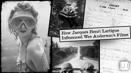 Black-and-white collage features a woman in goggles, a man in a raft, countryside road, and handwritten notes. Text reads: How Jacques Henri Lartigue Influenced Wes Anderson's Films.