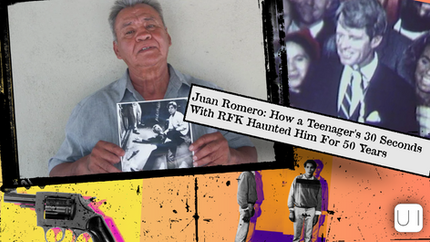Older man holds a black-and-white photo in a collage about Juan Romero, with a TV still, gun, and teen figures on bright panels.