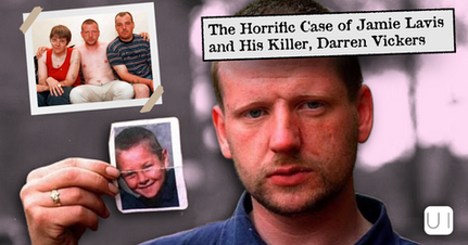 Man holds a photo of a child beside a headline, The Horrific Case of Jamie Lavis and His Killer, Darren Vickers.
